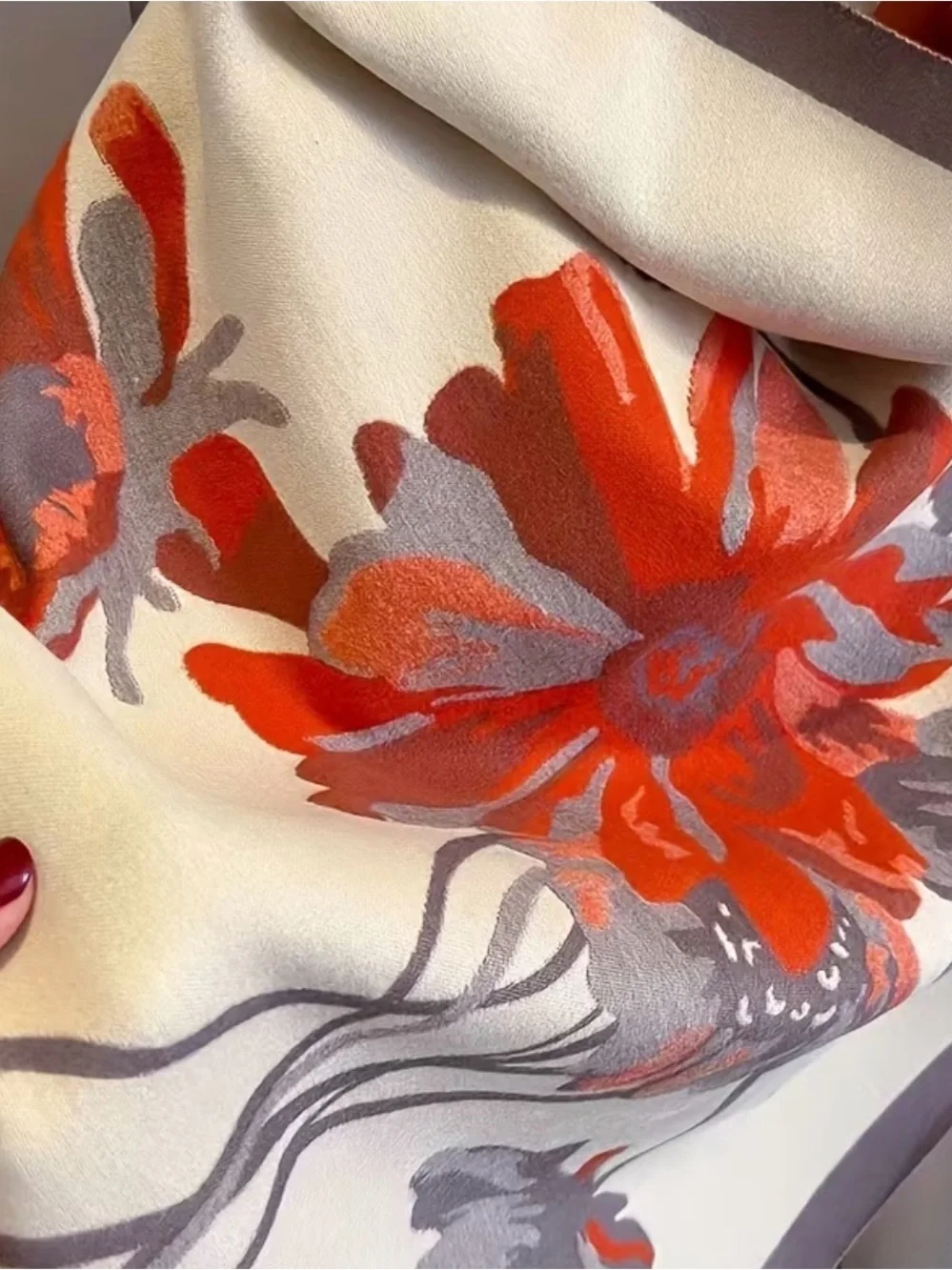 Luxury Floral Print cashmere wool blend Women's Scarf in Cream and Coral